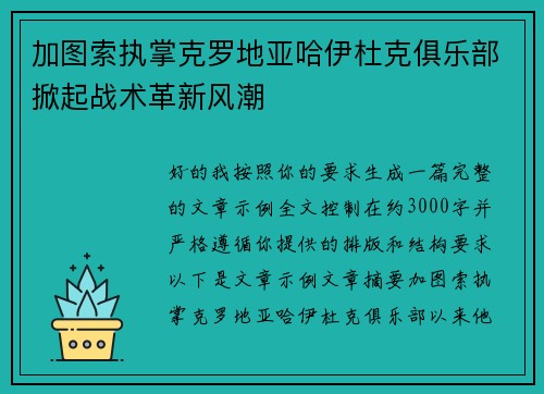 加图索执掌克罗地亚哈伊杜克俱乐部掀起战术革新风潮