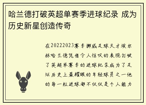 哈兰德打破英超单赛季进球纪录 成为历史新星创造传奇 哈兰德打破英超单赛季进球纪录 成为历史新星创造传奇