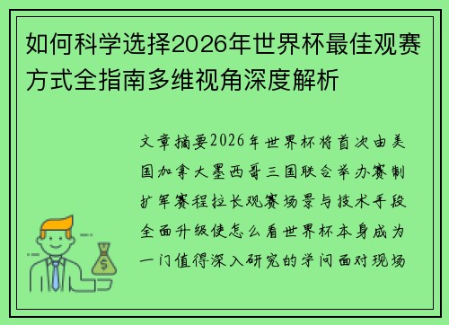 如何科学选择2026年世界杯最佳观赛方式全指南多维视角深度解析